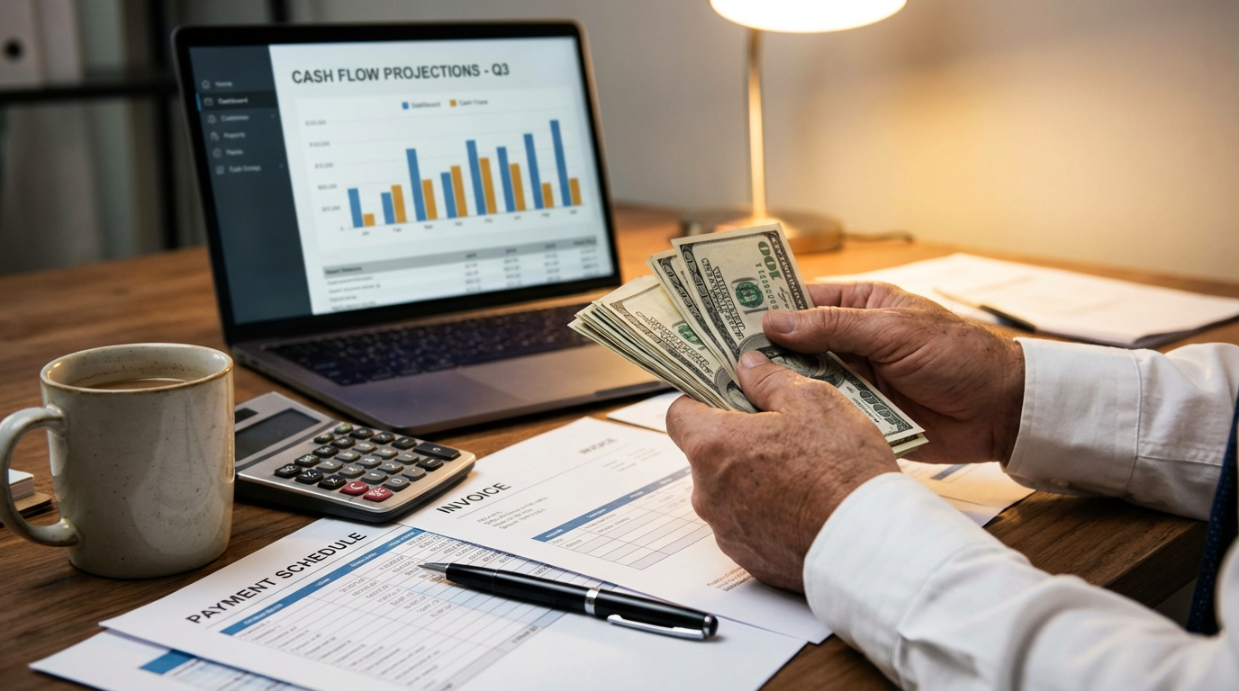 Business owner reviewing cash flow projections and payment schedules