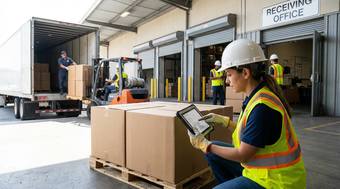 Warehouse worker receiving and verifying goods at loading dock