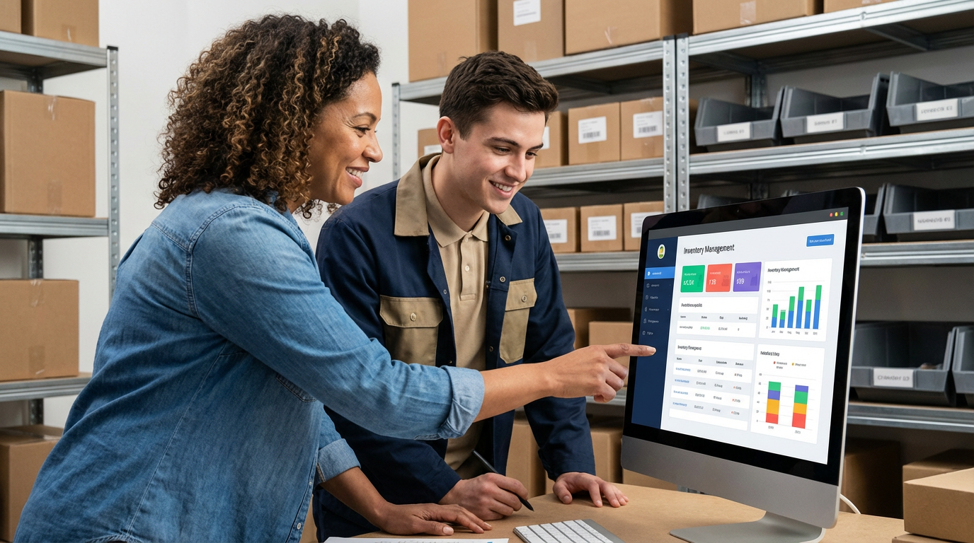 Small business owner training employee on new inventory software