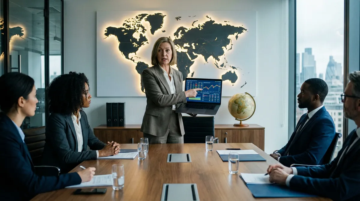 Finance executive presenting currency exchange data with world map in background
