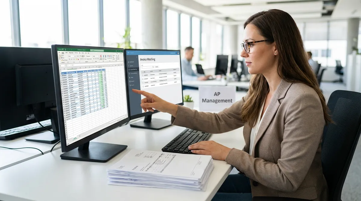 Accounts payable clerk processing supplier invoices and matching to purchase orders