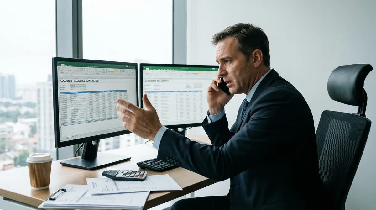 Finance professional reviewing accounts receivable aging reports and calling customer