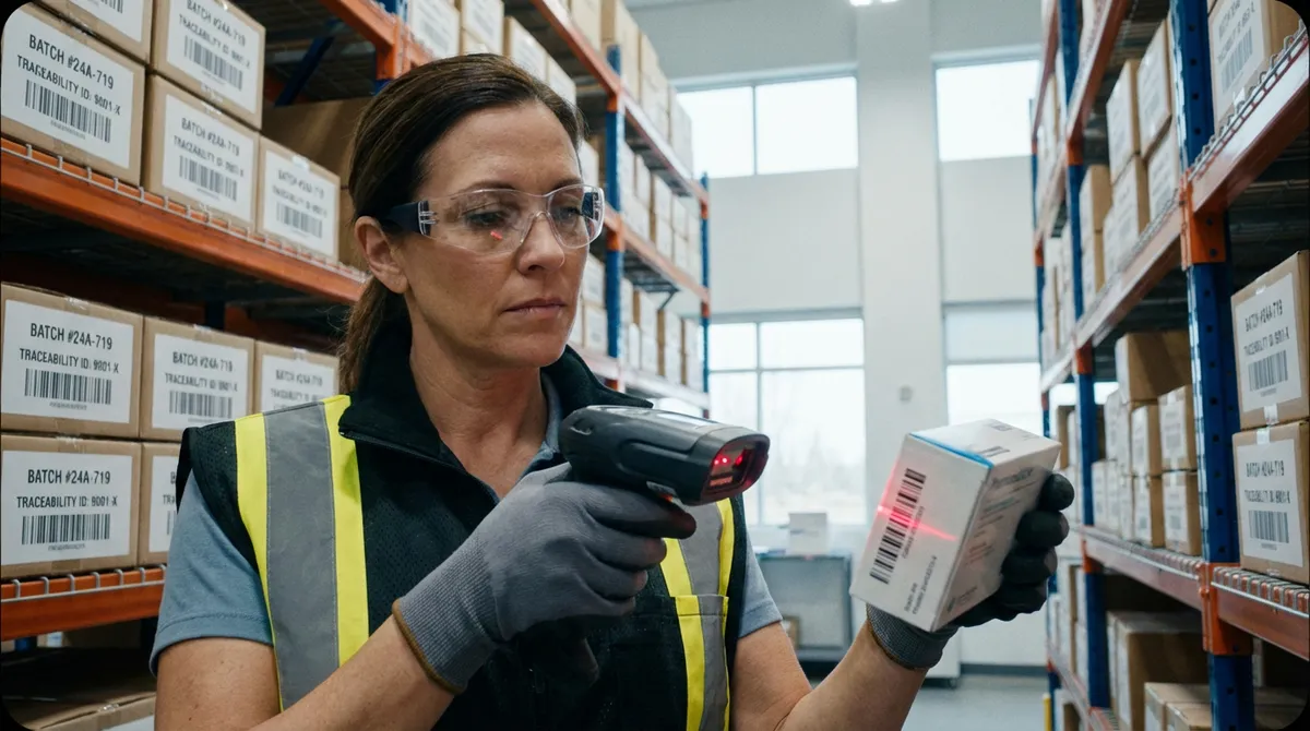 Quality control specialist scanning barcode on product box for batch tracking in warehouse