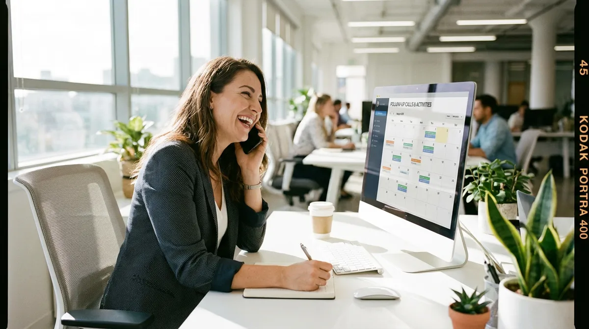 Sales representative making phone call while viewing calendar and taking notes