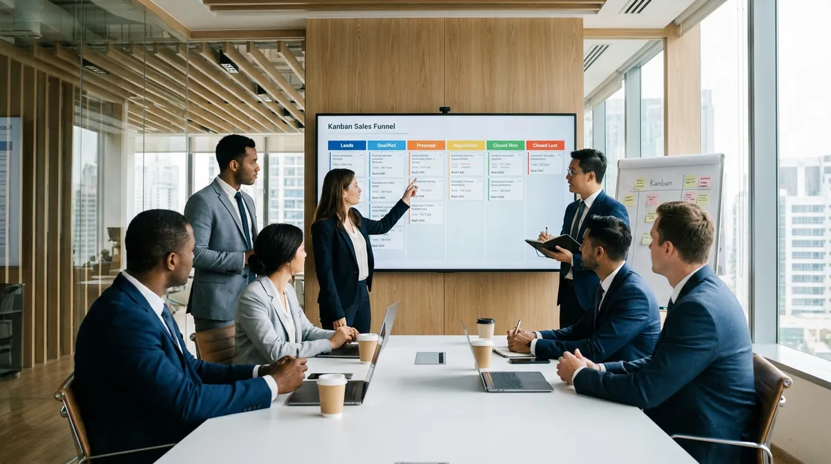 Sales team reviewing kanban sales funnel on large screen in meeting room