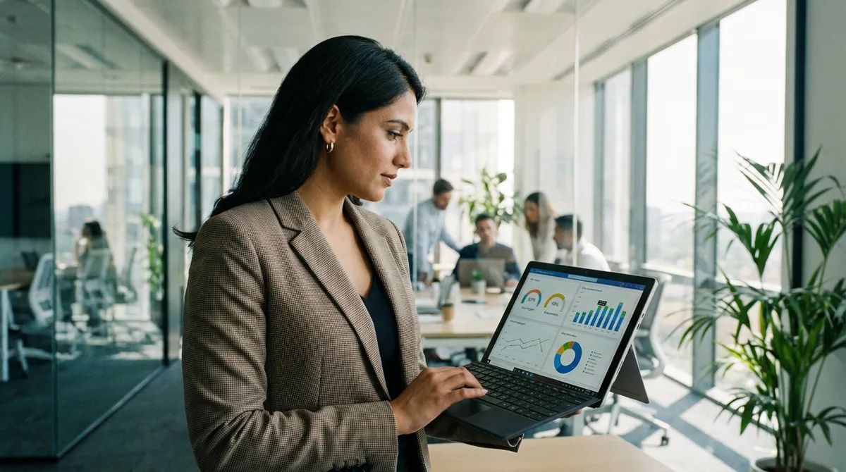 Sales manager reviewing team performance dashboards and charts on laptop