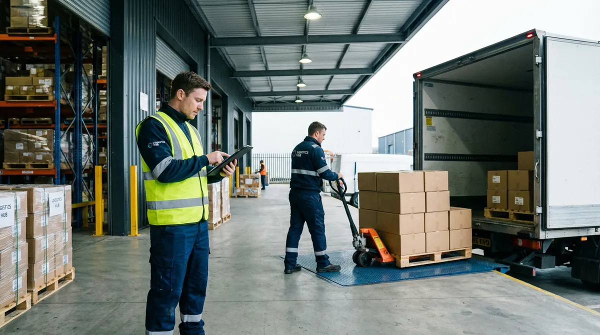 Warehouse workers receiving goods at loading dock checking delivery against tablet