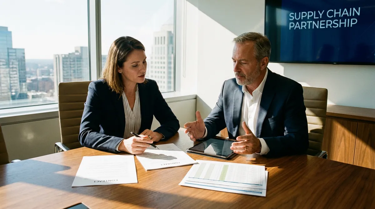 Procurement manager meeting with supplier representative reviewing contracts