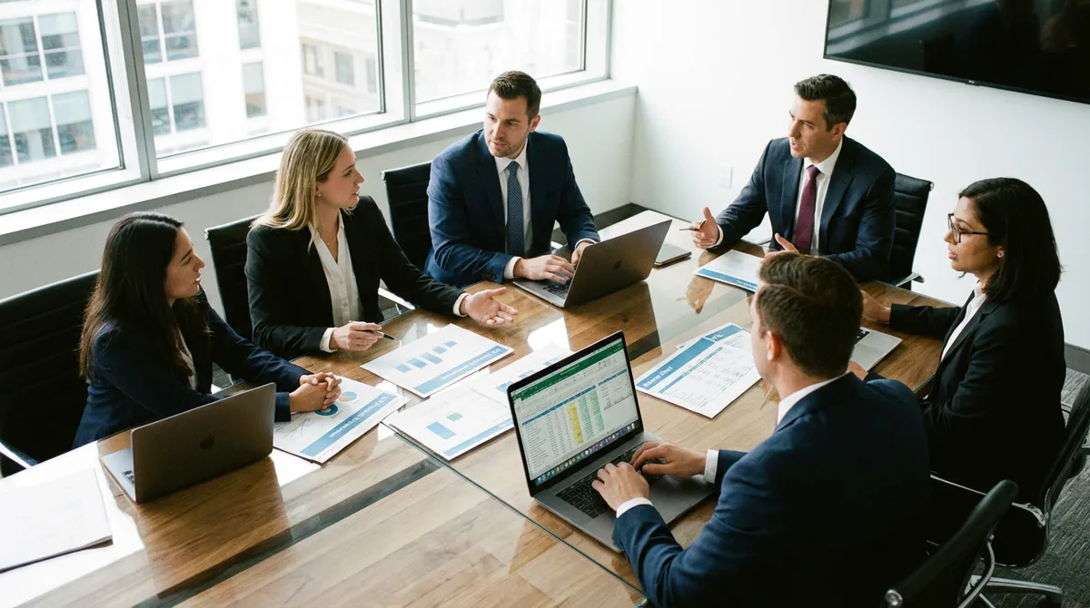 Finance team meeting reviewing financial reports and statements around conference table