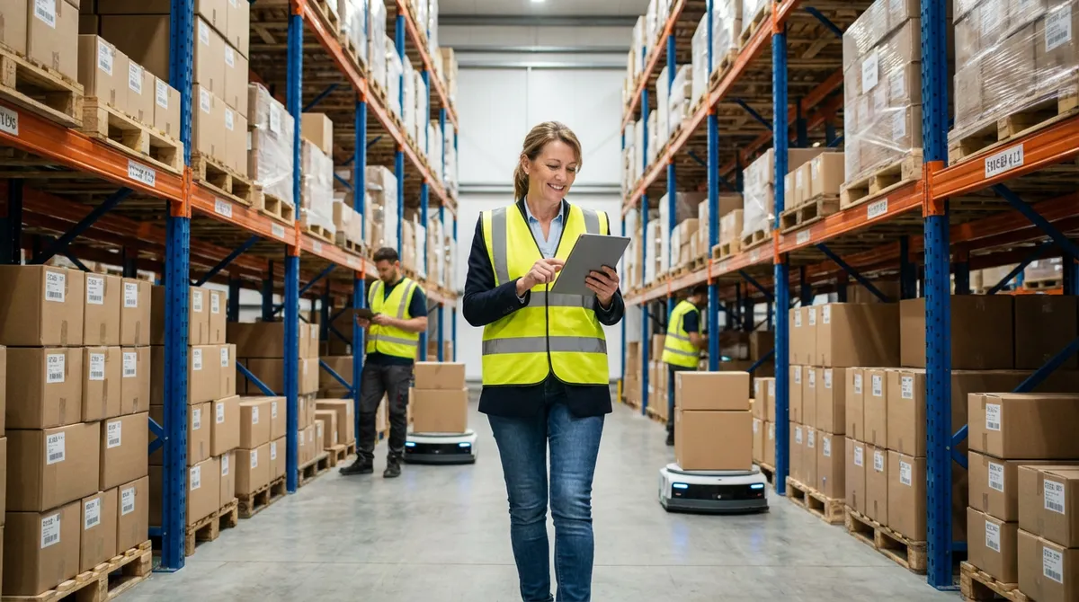 Warehouse operations manager reviewing inventory analytics on tablet while walking through warehouse