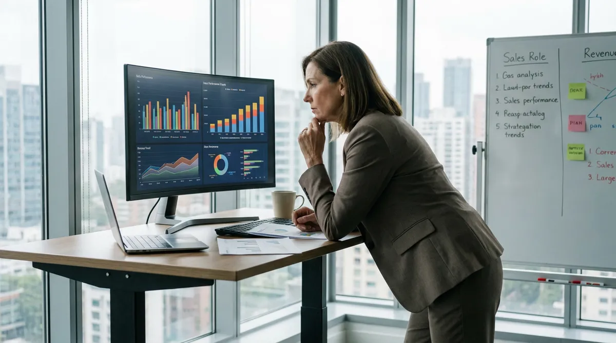 Sales director reviewing sales performance charts and revenue trends on monitor
