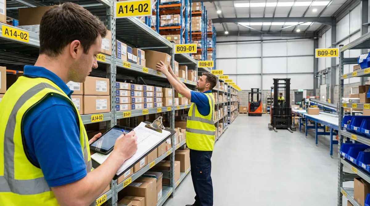 Warehouse staff processing orders and picking products from shelves