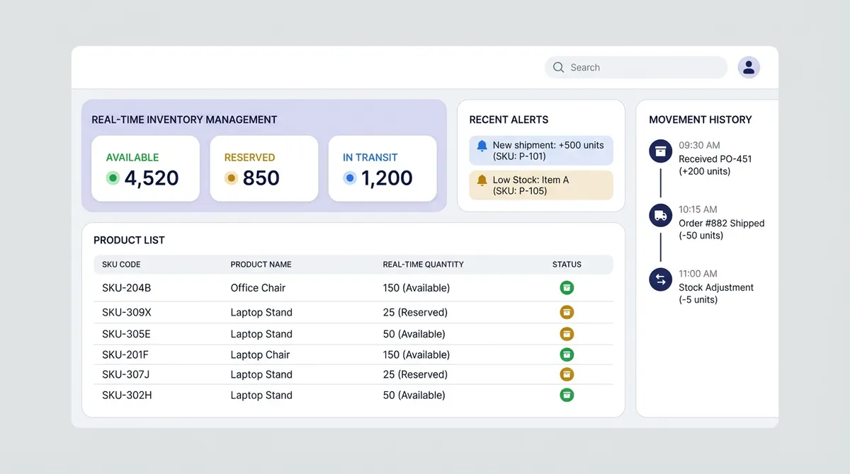 Real-time inventory management dashboard showing live stock quantities, movement history, and alerts