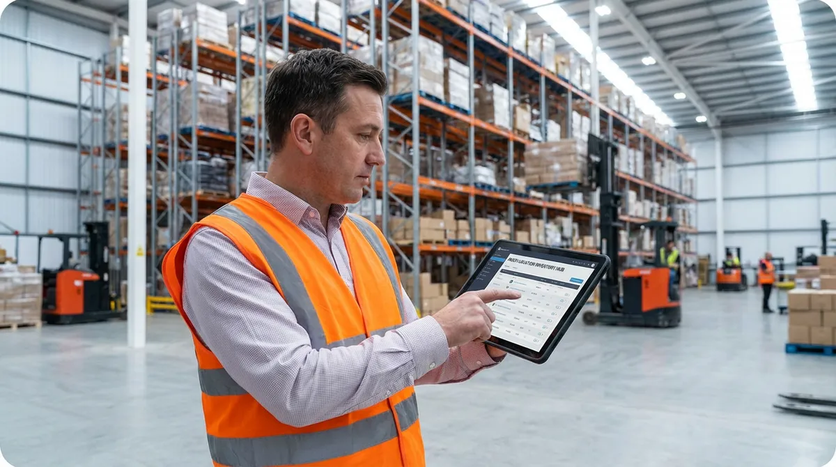 Warehouse manager using tablet to check inventory across multiple warehouse locations